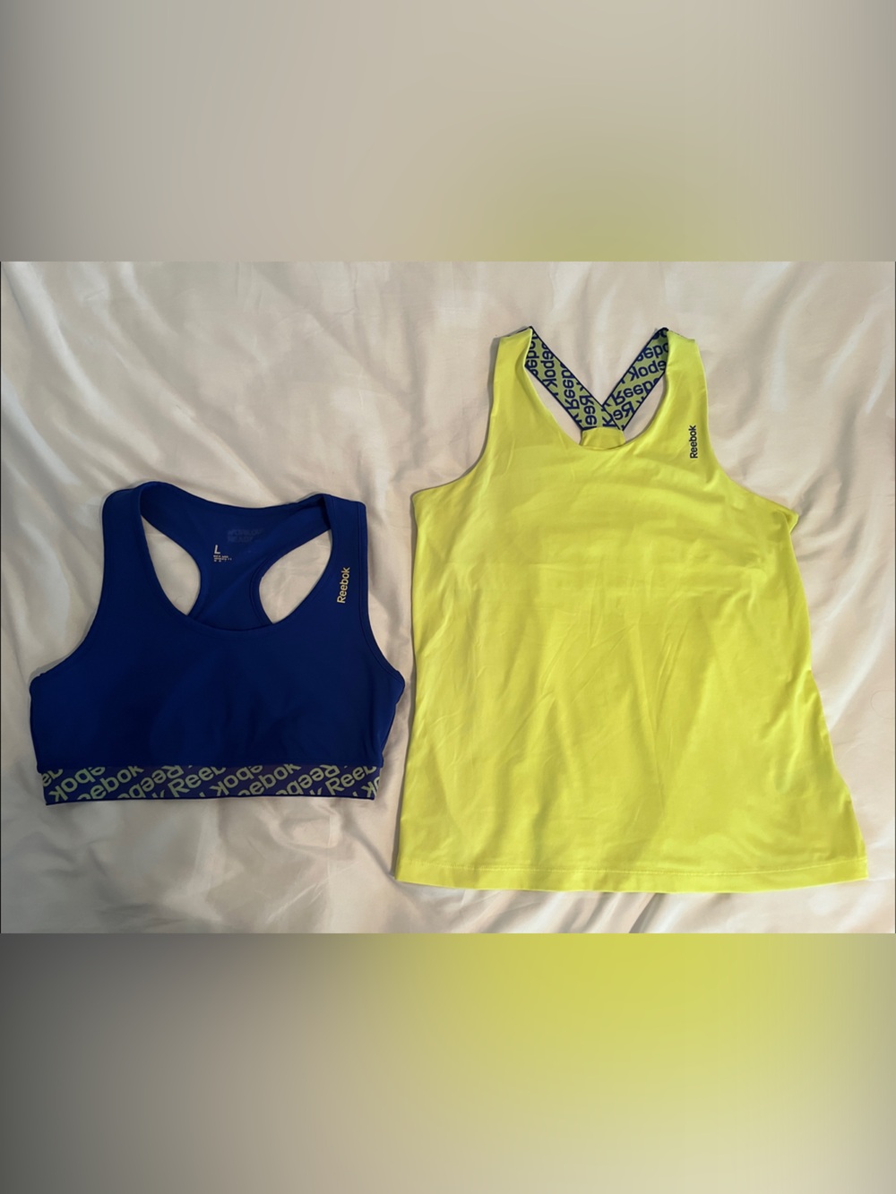 Reebok Neon Yellow Tank Top XL with Royal Blue Sports Bra L